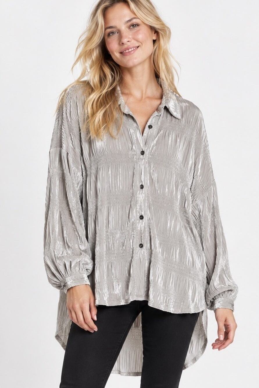 Free People My Best Velvet Shirt Size XS Crinkle Button Up Gray Oversized Ruched